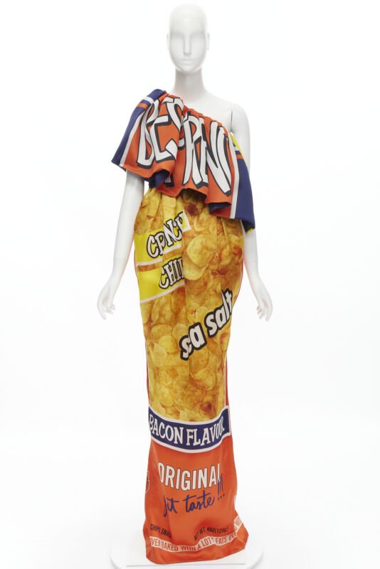 rare Runway MOSCHINO Couture! 2014 Junk Food Potato Chip one shoulder gown IT40