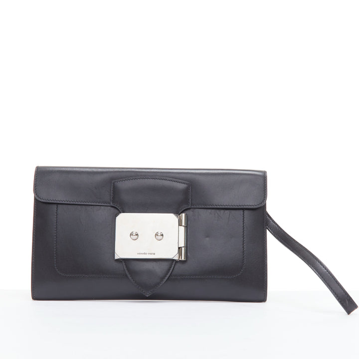 HERMES Goodlock black box leather silver hardware wristlet clutch bag