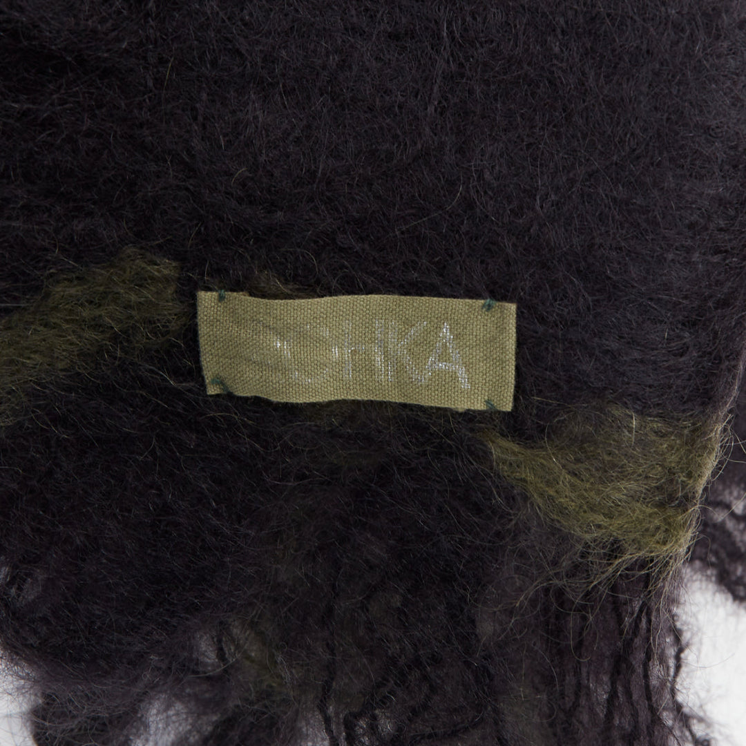 ROHKA black green distressed abstract weave cut out lattice knit wrap scarf