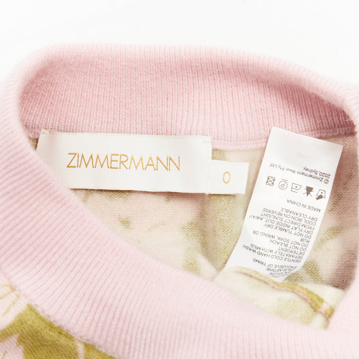 ZIMMERMANN Lovestruck green pink floral intarsia cashmere blend sweater US0 XS