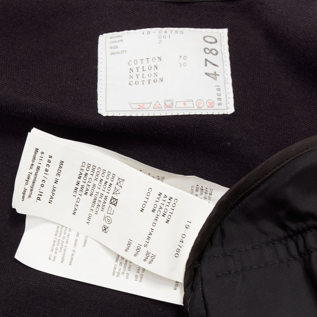 SACAI 2019 black cotton blend nylon side zip deconstructed hybrid hoodie JP2 M