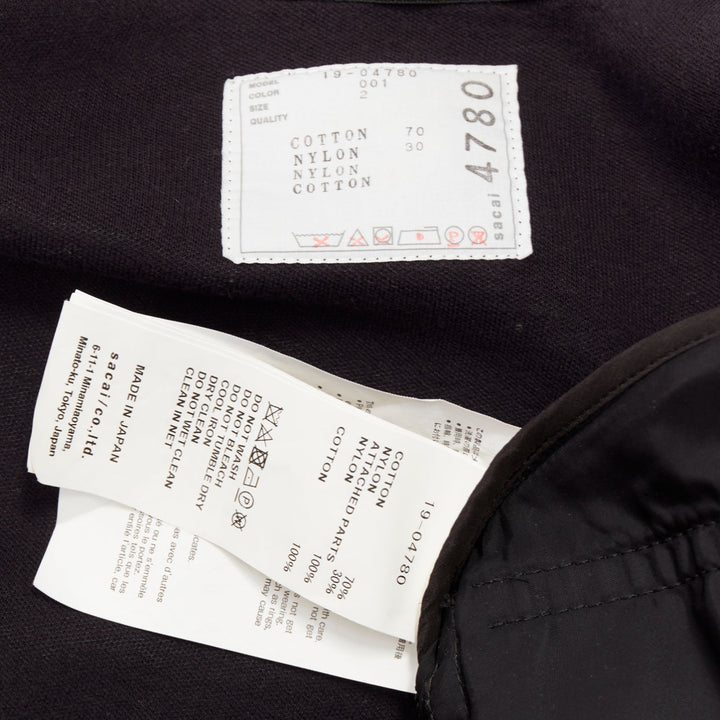 SACAI 2019 black cotton blend nylon side zip deconstructed hybrid hoodie JP2 M