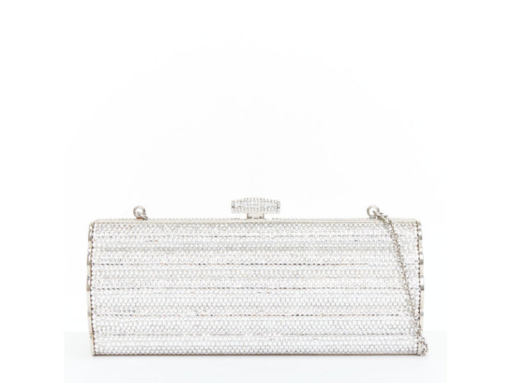 JUDITH LEIBER silver crystal encrusted metal clasp chained minaudiere clutch bag