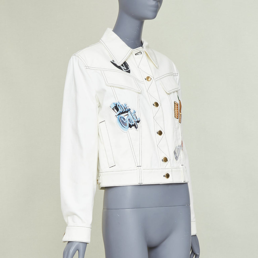 LOUIS VUITTON Virgil Abloh 2021 Runway cream denim embroidered badge coat FR36 S