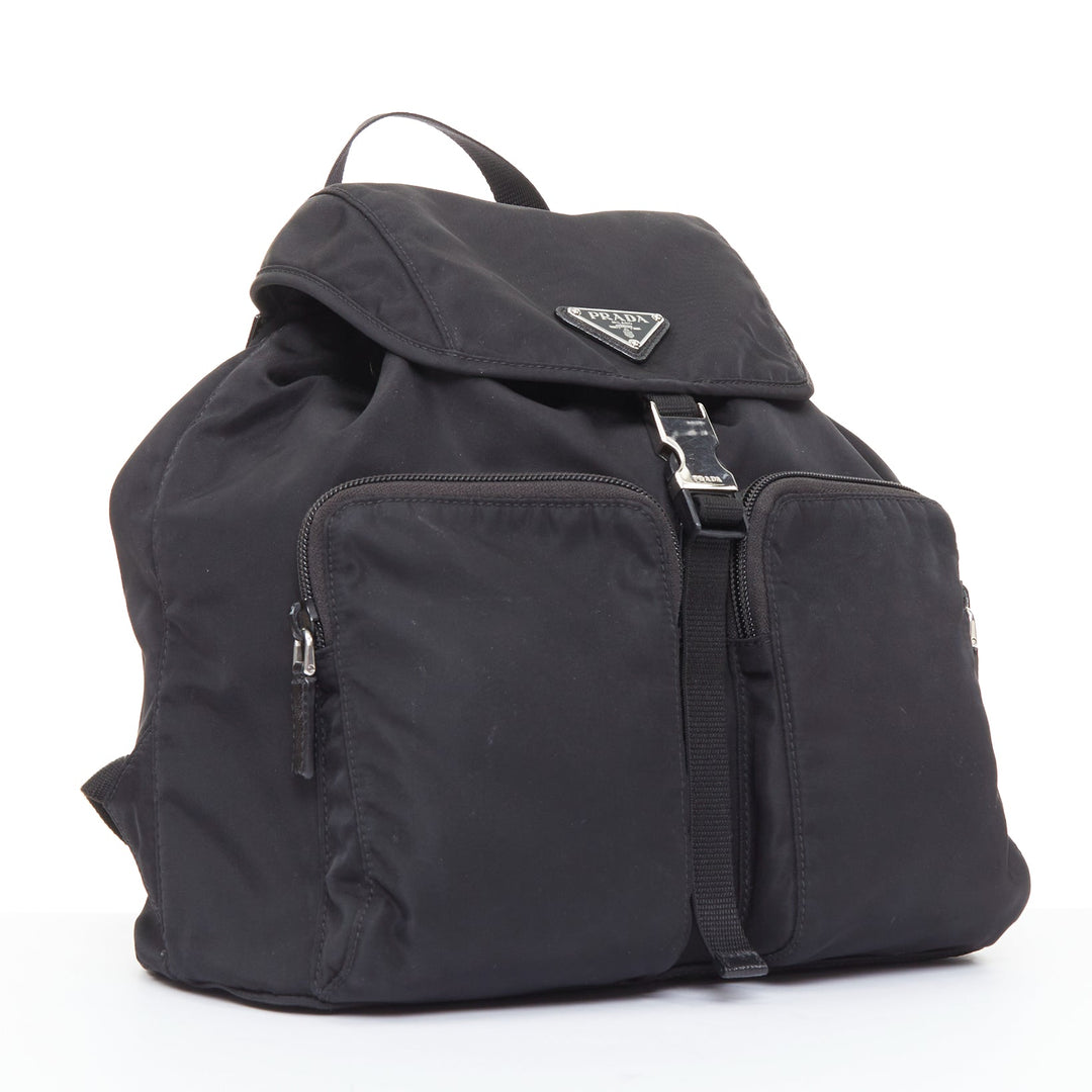 PRADA Re-Nylon Technical black silver logo triangle buckle small backpack bag