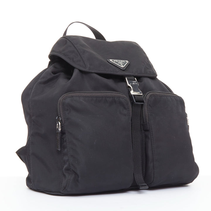 PRADA Re-Nylon Technical black silver logo triangle buckle small backpack bag
