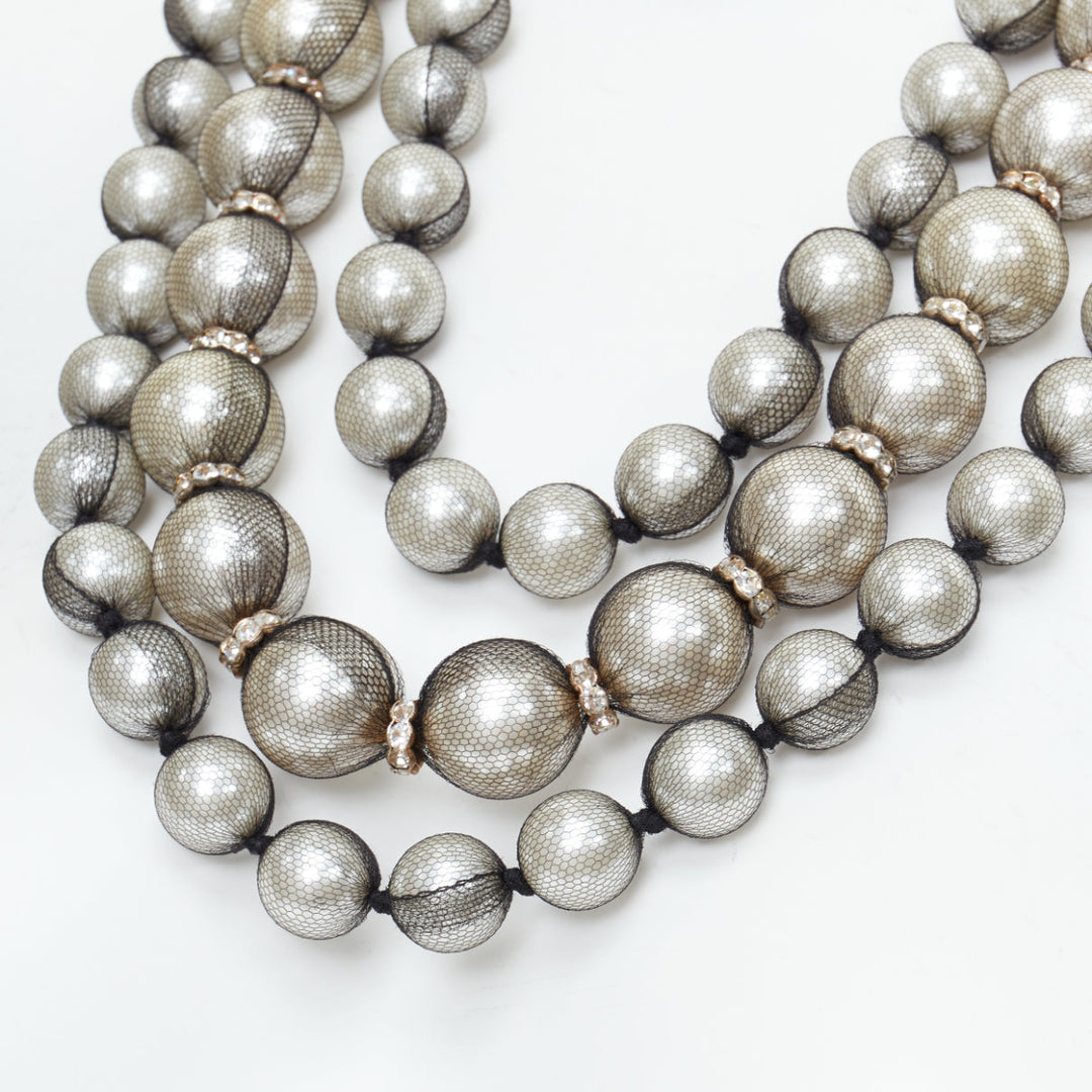 rare LANVIN black strand wrapped faux pearl crystal ribbon tie necklace