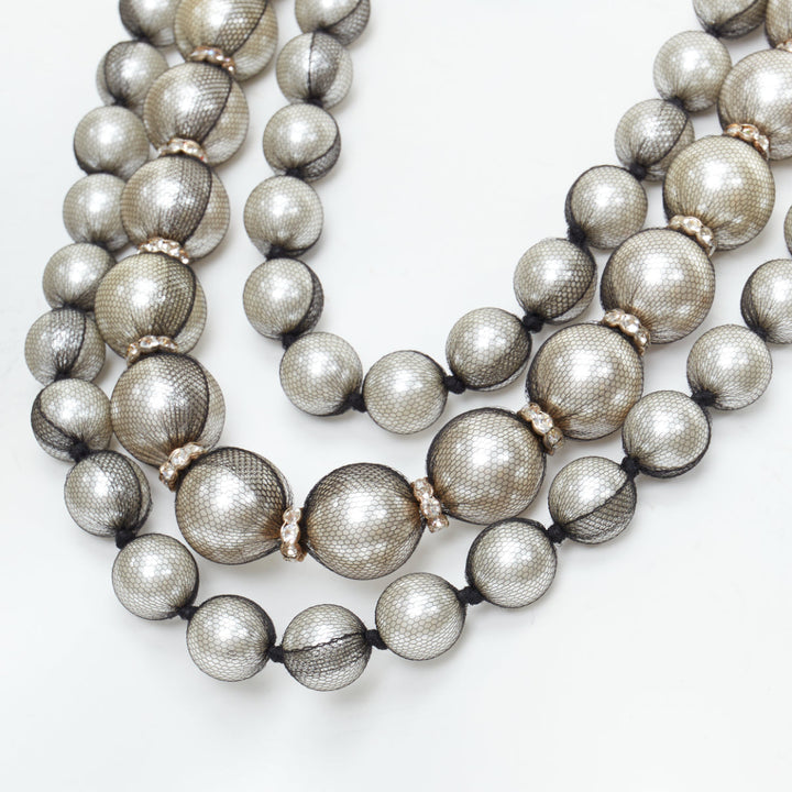 rare LANVIN black strand wrapped faux pearl crystal ribbon tie necklace