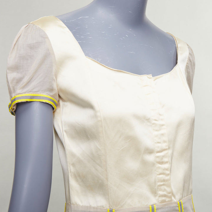rare MIU MIU 1999 Runway beige technical patchwork satin neon trim dress IT44 L