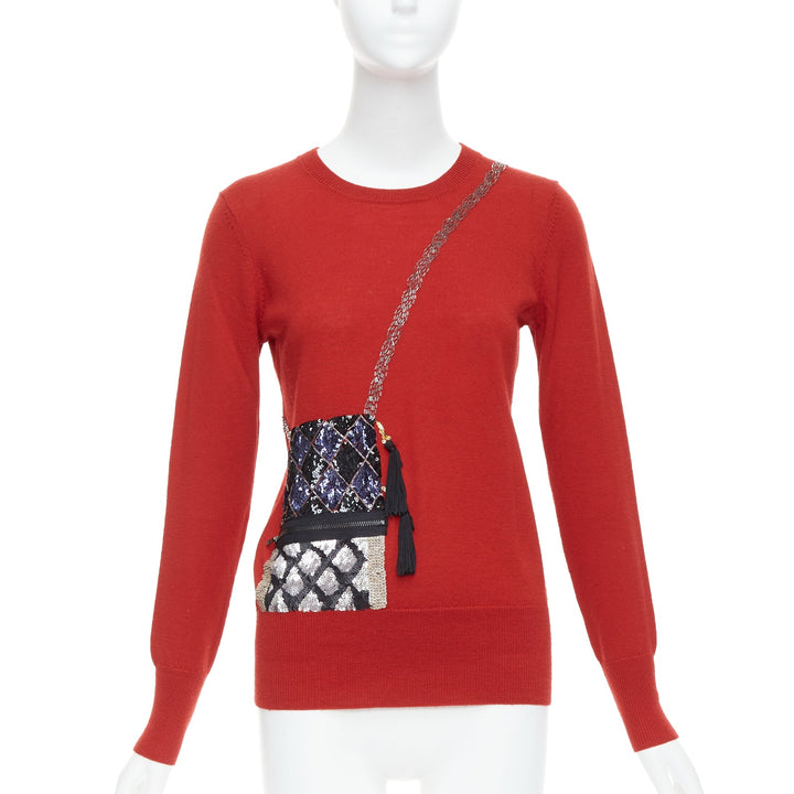 MARKUS LUPFER red trompe loeil bag sequin merino wool sweater S