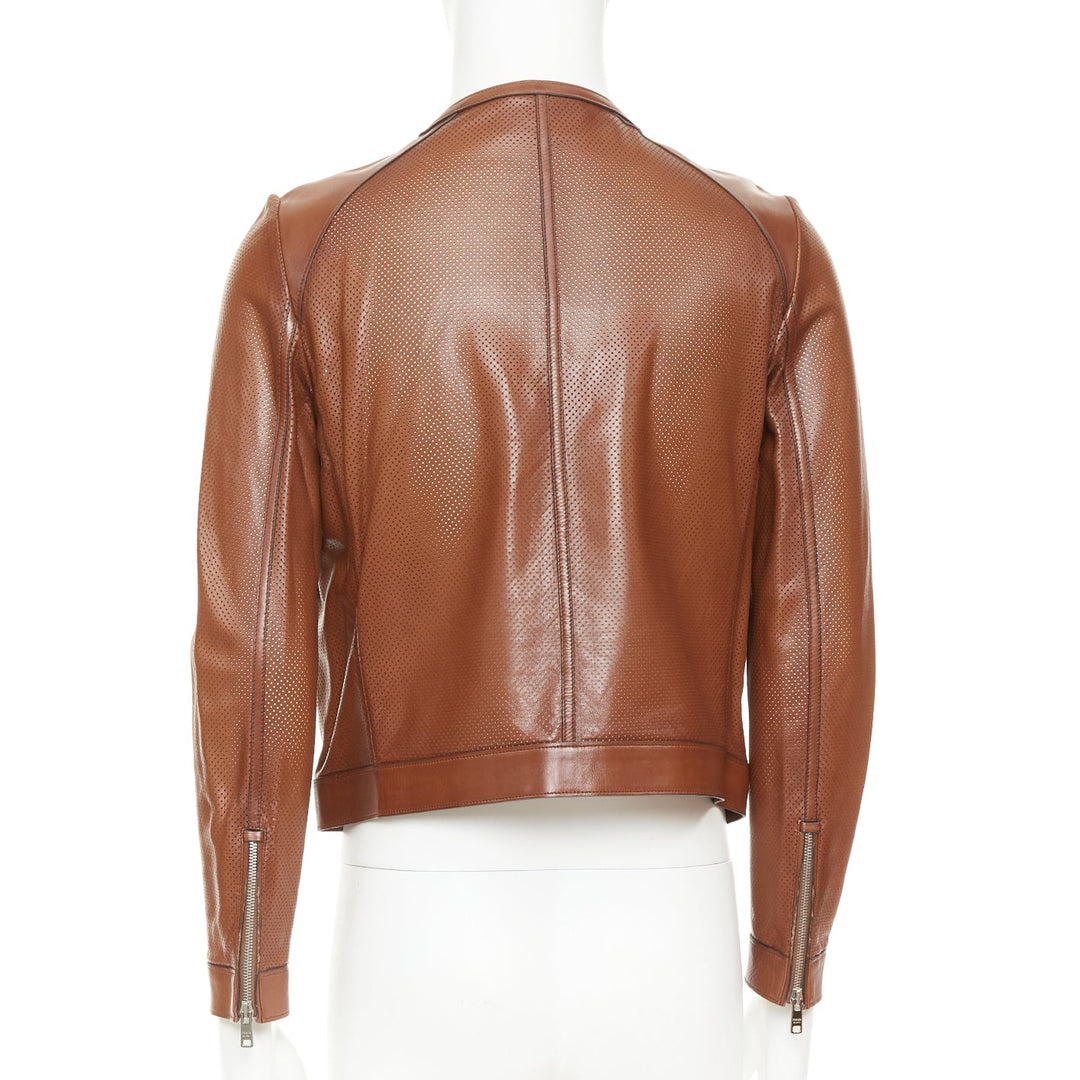 PRADA 2013 brown perforated lambskin leather zip collarless bomber jacket IT46 S