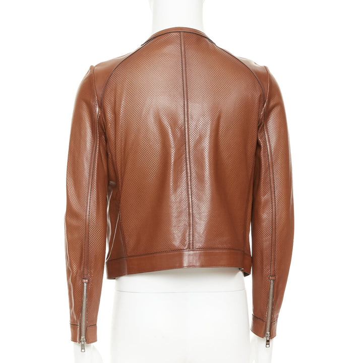 PRADA 2013 brown perforated lambskin leather zip collarless bomber jacket IT46 S