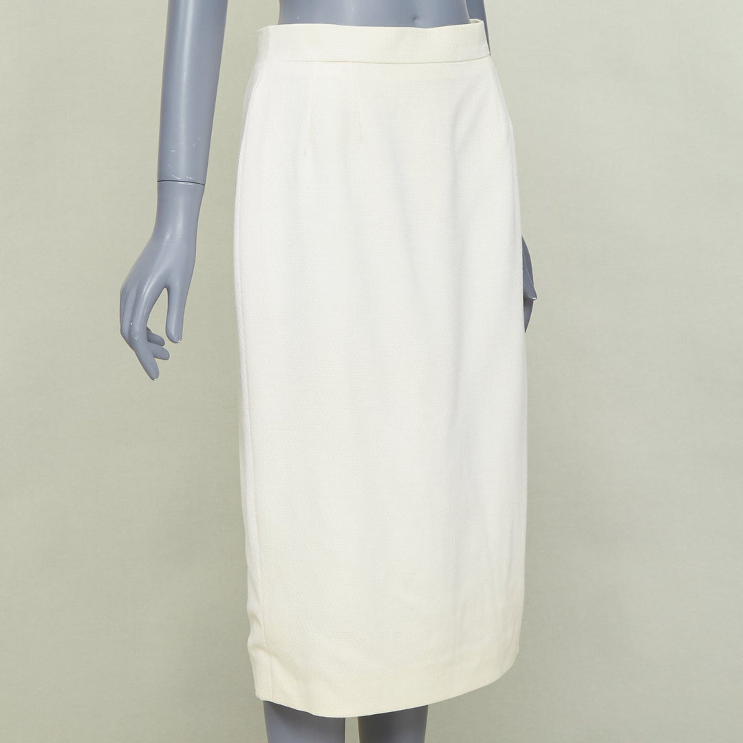 CHANEL 93P ivory wool gold CC logo button slit silk pencil skirt FR42 XL