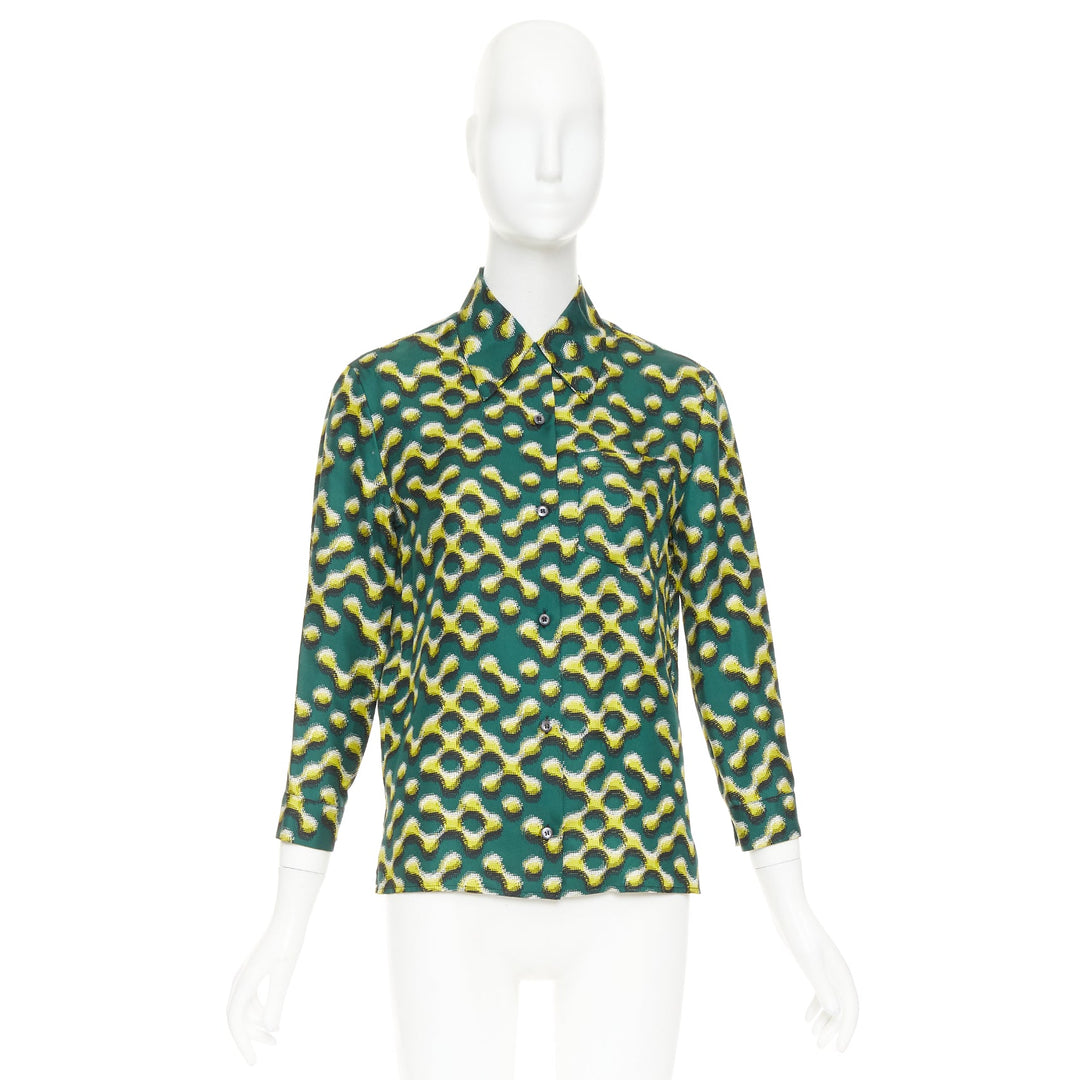 PRADA 2015 100% silk green yellow molecular geometric print shirt IT38 XS
