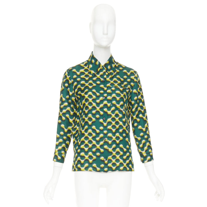 PRADA 2015 100% silk green yellow molecular geometric print shirt IT38 XS