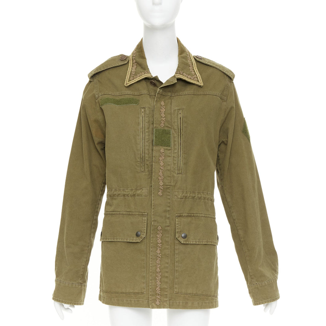 SAINT LAURENT 2018 Saharienne green gold embroidered trim military jacket FR44 L