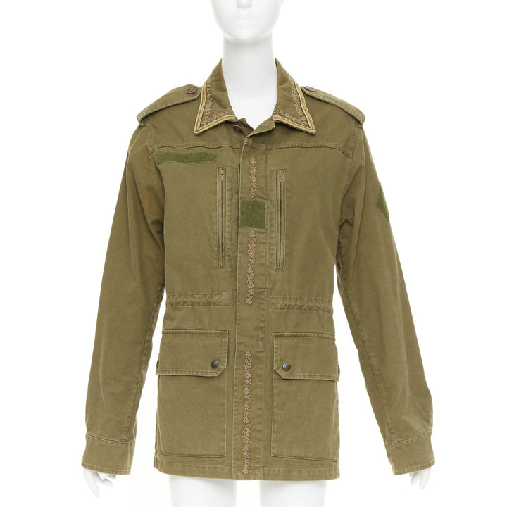 SAINT LAURENT 2018 Saharienne green gold embroidered trim military jacket FR44 L