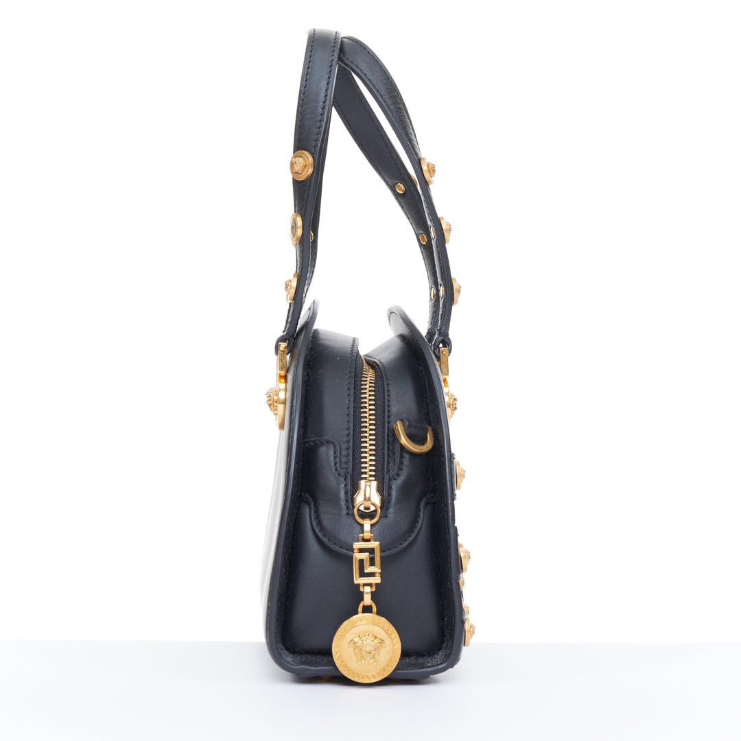 VERSACE 2018 Runway Tribute Medallion small black leather gold buckles bag