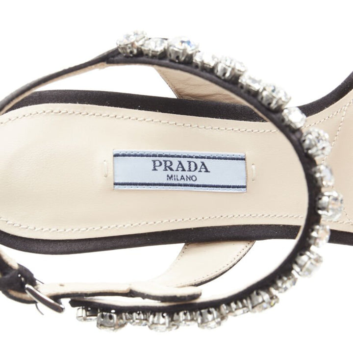 PRADA black satin crystal embellished strappy high heel sandals EU37