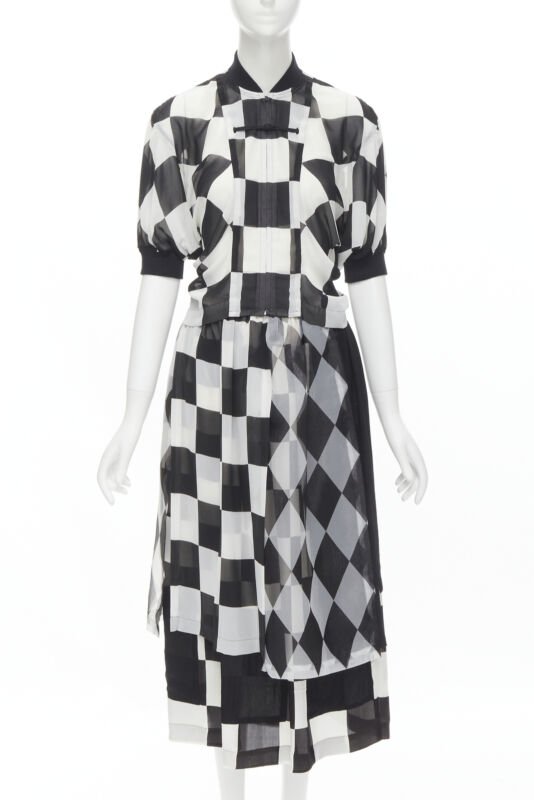 COMME DES GARCONS 1988 Runway black white chessboard checkered bomber skirt S