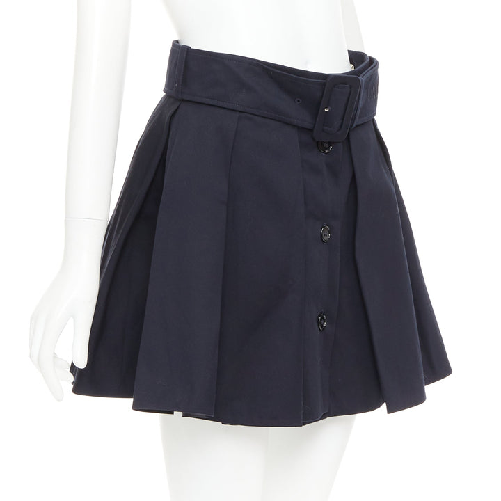 PATOU navy cotton front button box pleat belted flared mini skirt FR38 M