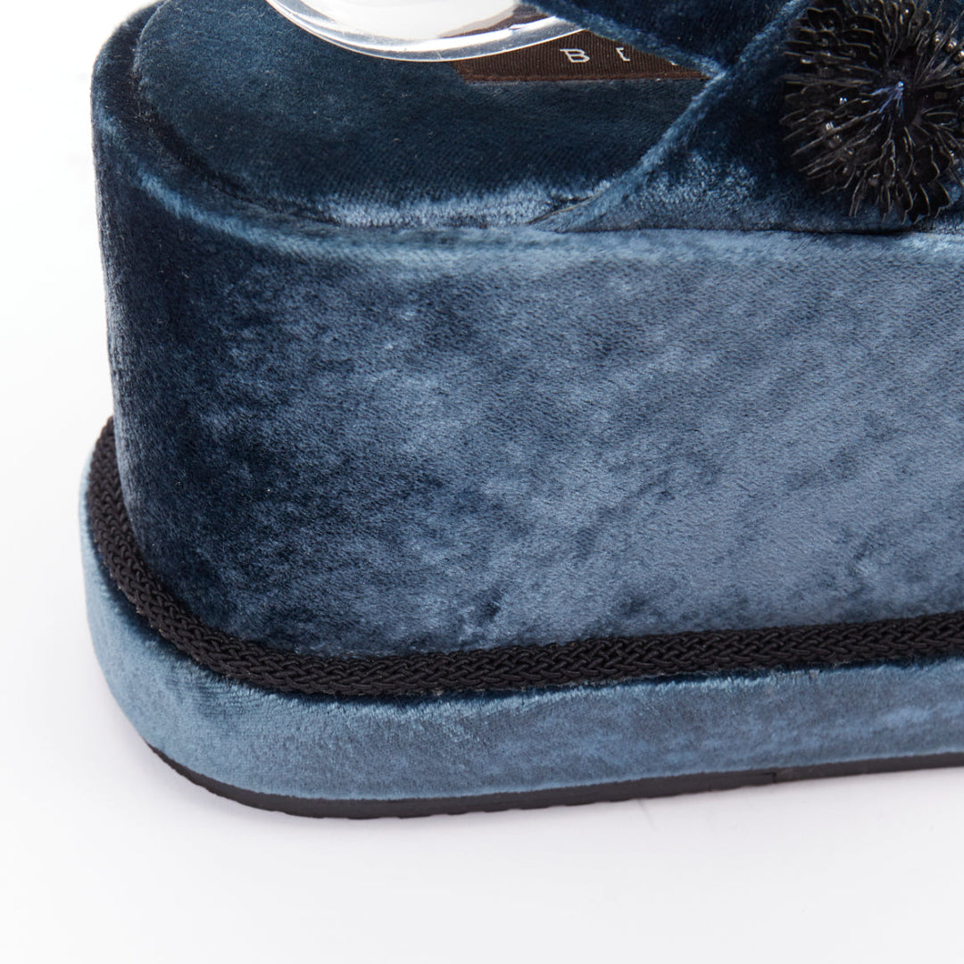BIYAN blue velvet black beads sequin embellished platform wedges shoes EU39