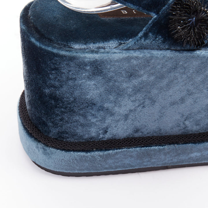 BIYAN blue velvet black beads sequin embellished platform wedges shoes EU39