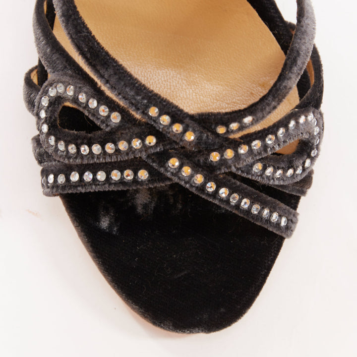 VALENTINO GARAVANI Vintage dark grey crushed velvet crystal wedge sandals EU36