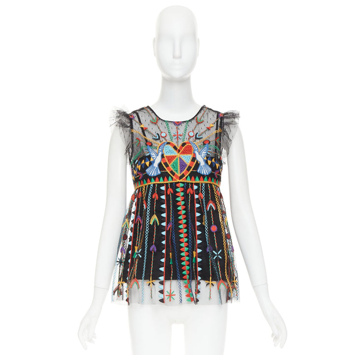 RED VALENTINO Love Celebration black bird heart embroidered ruffle top IT42 M