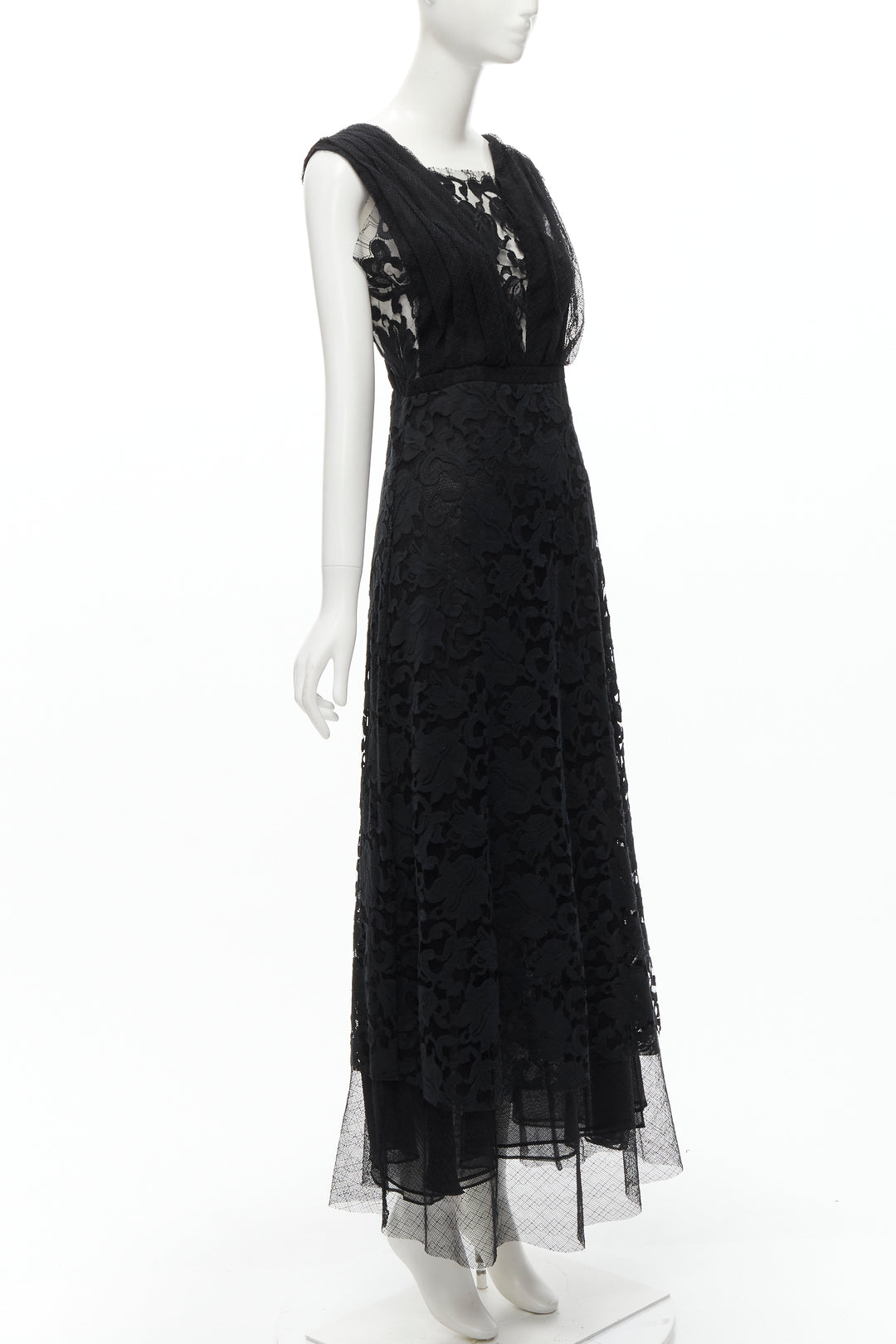 ADAM LIPPES black plunge illusion lace neckline empire waist layered gown US6 M