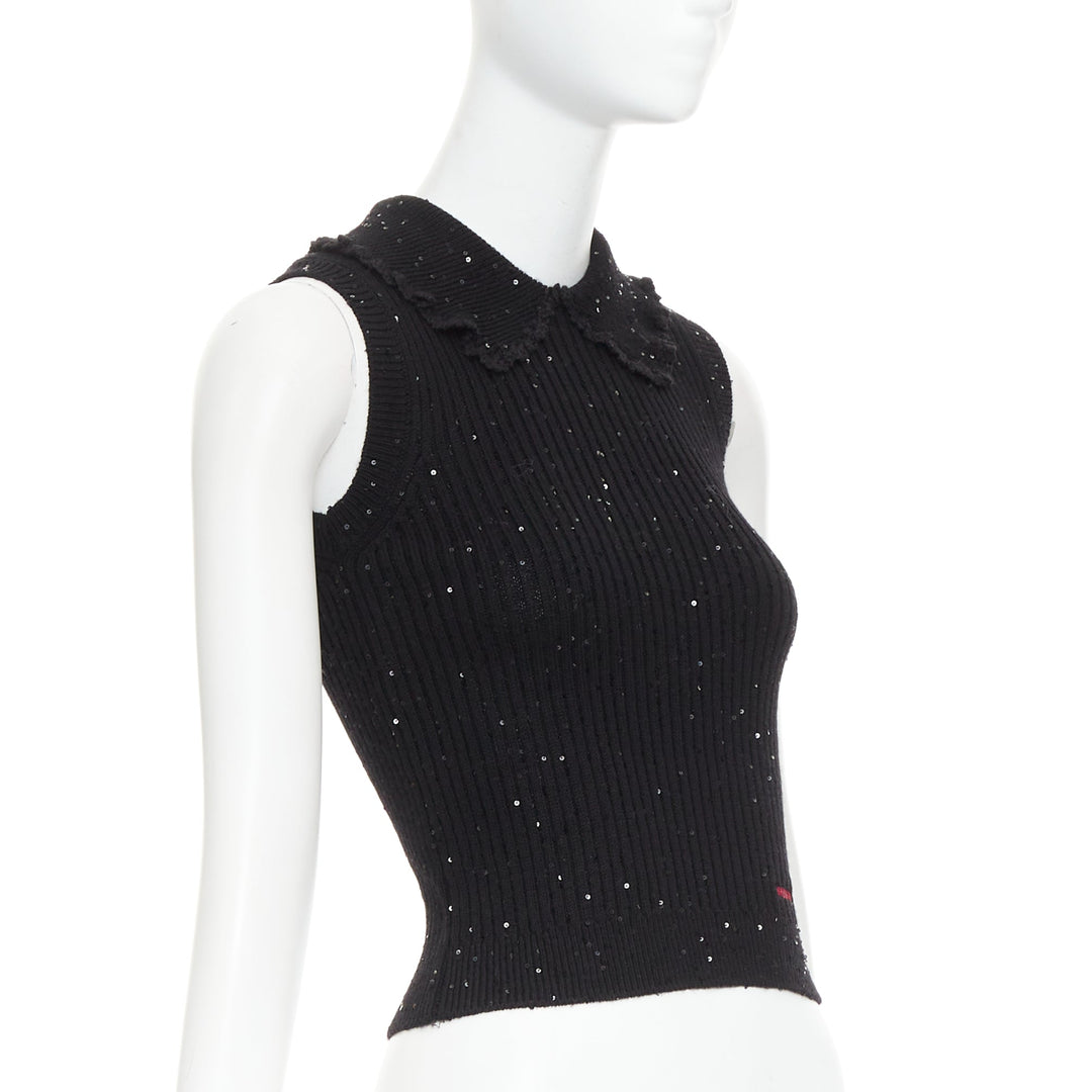 SHUSHU TONG black sequinned knit collared red logo rib crop vest UK6 XS