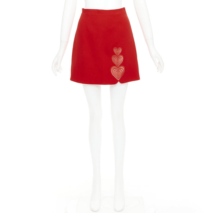 CHRISTOPHER KANE red heart embroidered cut out side A-line skirt UK8 S