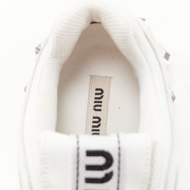 MIU MIU white leather logo tongue clear big crystal heels chunky sneakers EU38