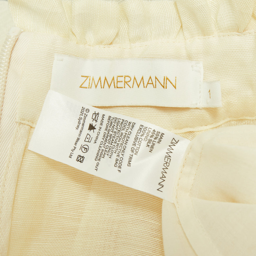 ZIMMERMANN 2021 Luminous ruffle trim cream linen silk midi dress Sz1 S