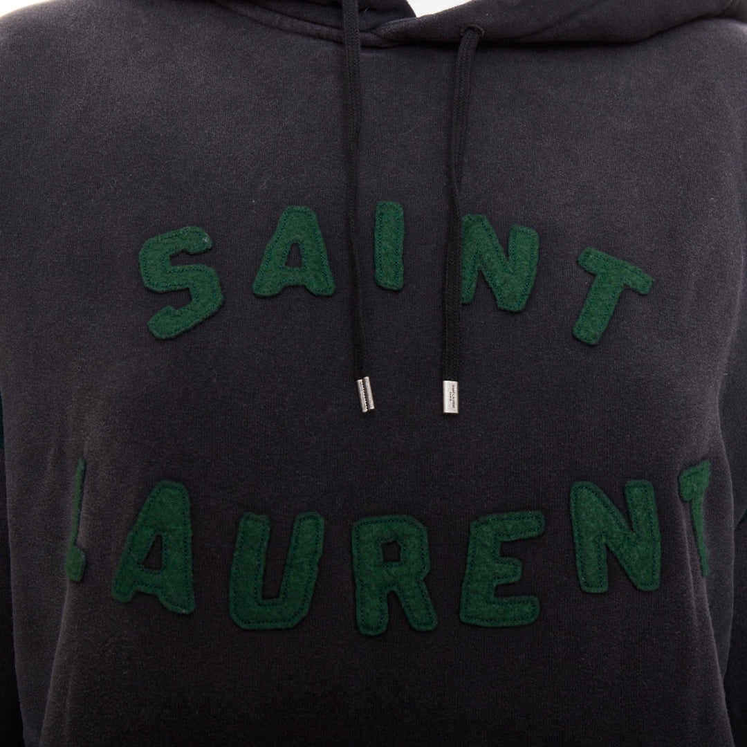 SAINT LAURENT 2022 grey washed cotton green alpaca logo patch varsity hoodie XS