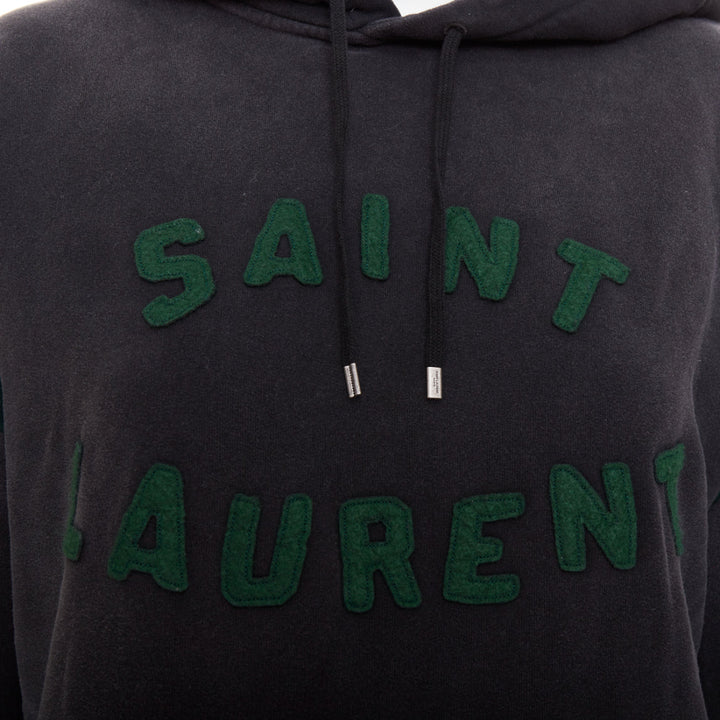 SAINT LAURENT 2022 grey washed cotton green alpaca logo patch varsity hoodie XS