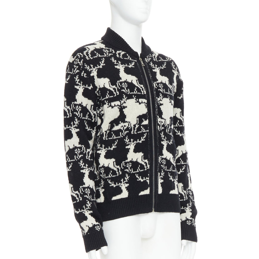 DRIES VAN NOTEN black white wool reindeer intarsia zip up jacket M