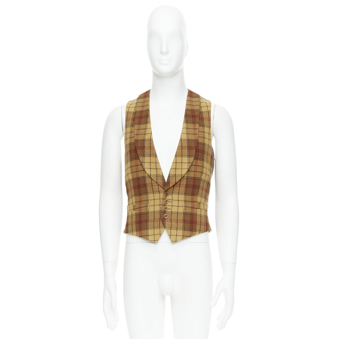 DRIES VAN NOTEN brown red plaid 100% wool shawl collar waistcoat IT48 M