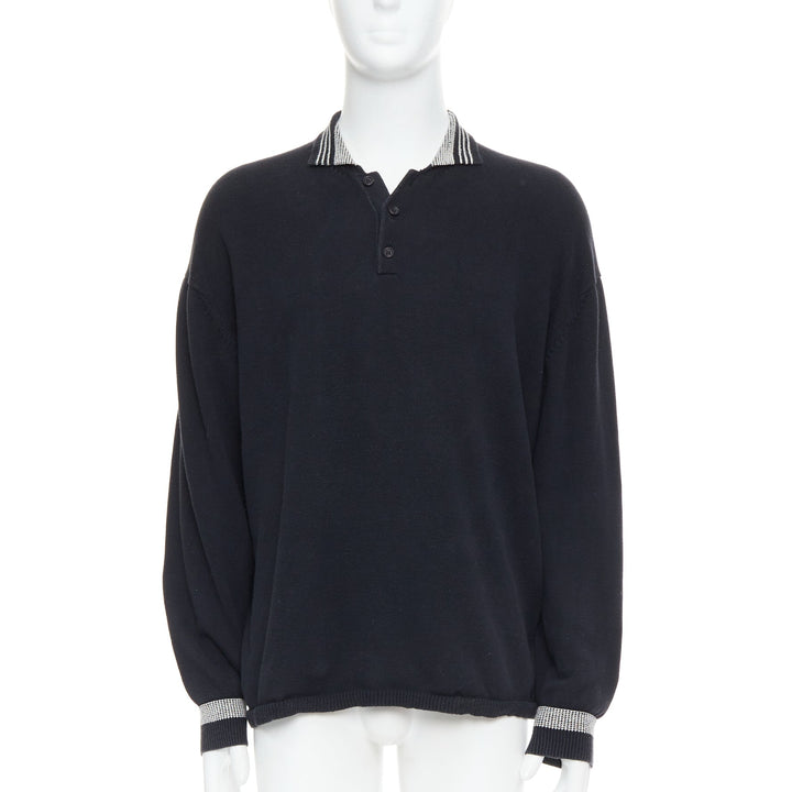 YOHJI YAMAMOTO black white cotton ribbed trim long sleeve polo shirt M