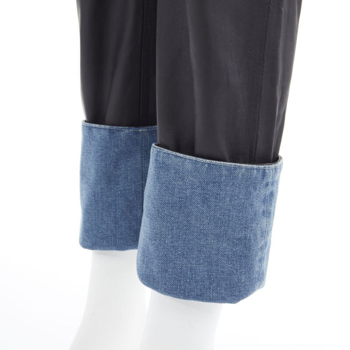 MAISON MARGIELA black leather blue denim trim cuffed jeans pants IT38 XS