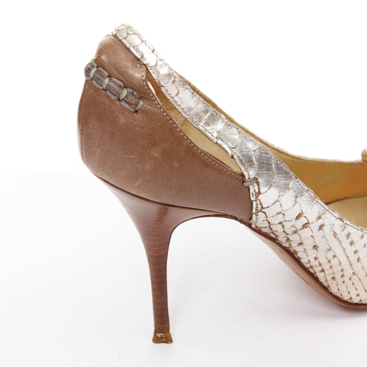 CHLOE Vintage silver metallic scaled leather brown trim pointy pumps EU37.5