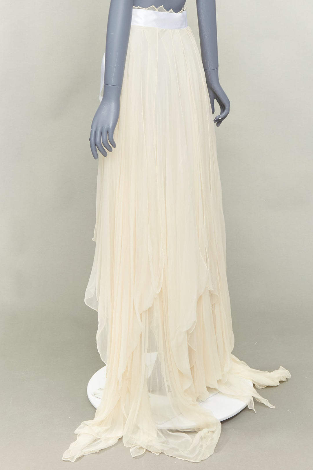 JEAN PAUL KNOTT cream hand-rolled pure chiffon silk white ribbon wrap skirt