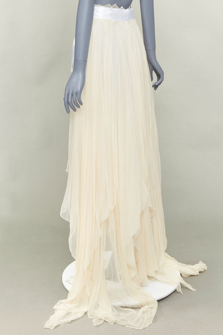 JEAN PAUL KNOTT cream hand-rolled pure chiffon silk white ribbon wrap skirt