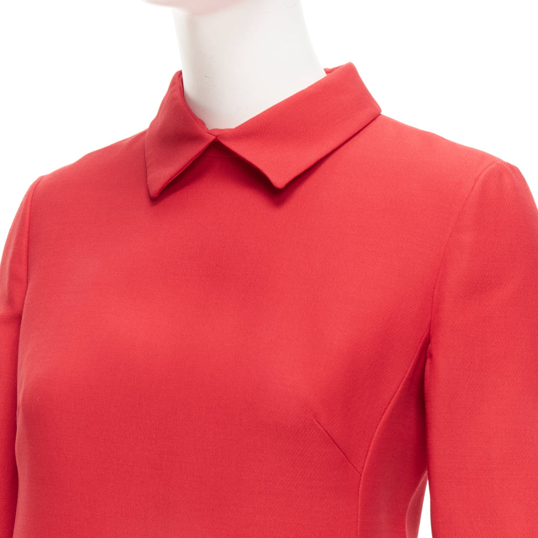 VALENTINO red wool silk crepe collared long sleeve A-line dress IT40 S
