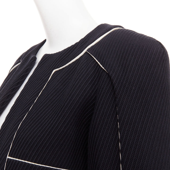 CHANEL 2015 Runway black cotton diagonal corded contrast satin piped coat FR36 S