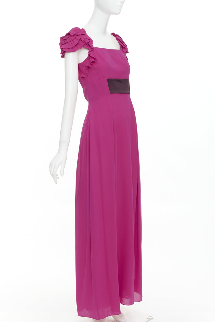 ESCADA Vintage fuchsia pink black silk rose applique midi gown FR34 XS
