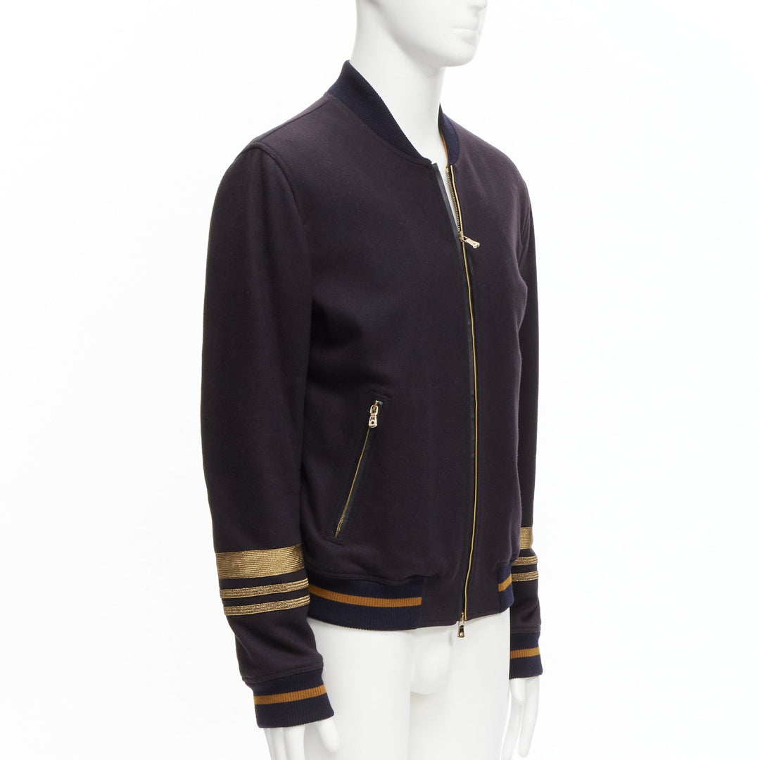 DOLCE GABBANA black virgin wool gold military trim cuffed bomber jacket IT50 L