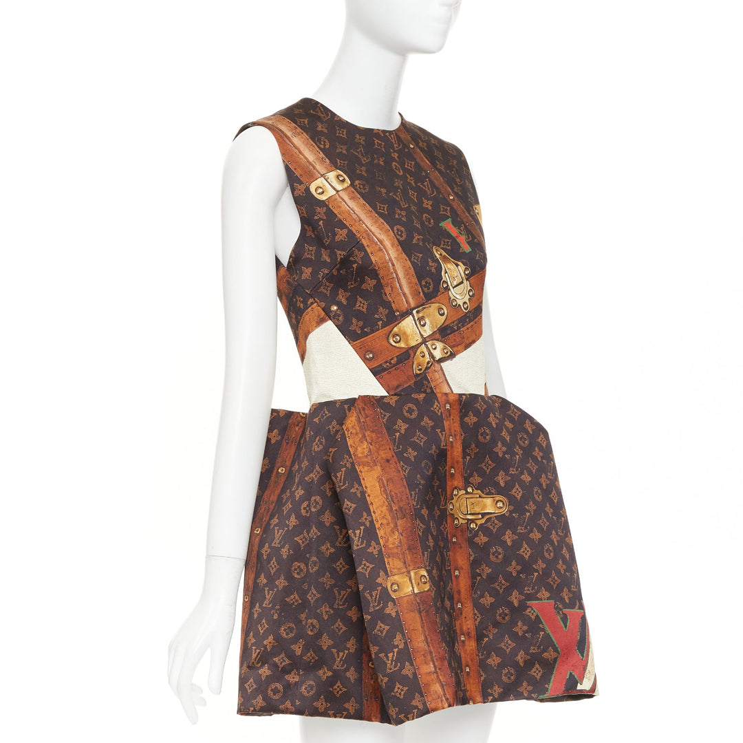 LOUIS VUITTON 2024 Runway Monogram LV Trunk Pleat sleeveless mini dress FR36 S
