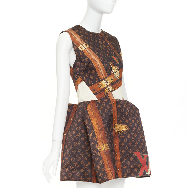 LOUIS VUITTON 2024 Runway Monogram LV Trunk Pleat sleeveless mini dress FR36 S