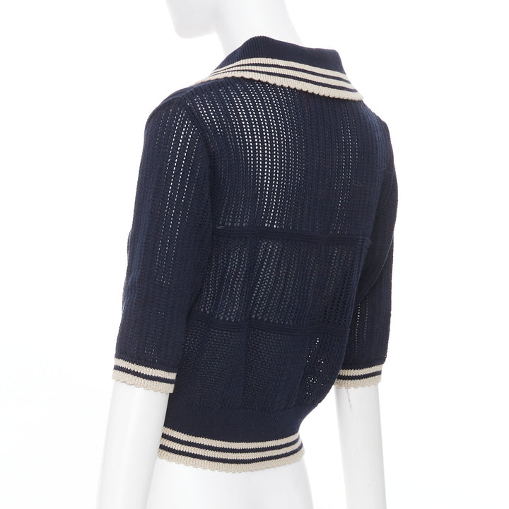 VIVIENNE WESTWOOD navy open stitch cotton linen embroidered orb polo top M